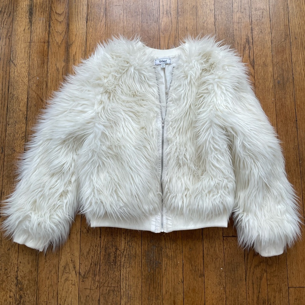 D-signed by Disney Girl's Off-White Cream Faux Fur Bomber Jacket Large 14/16